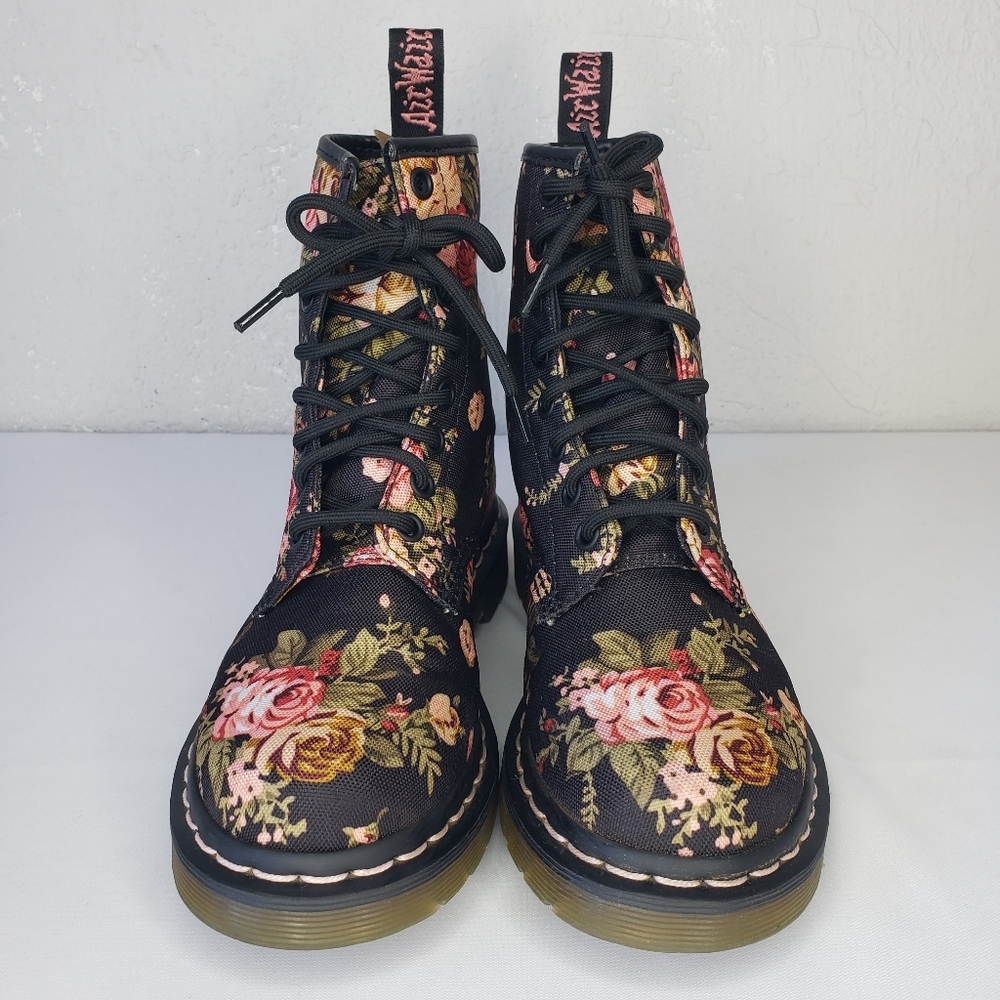 Dr. Martens Black Floral Combat Victorian Rare Boots - Picture 2 of 10
